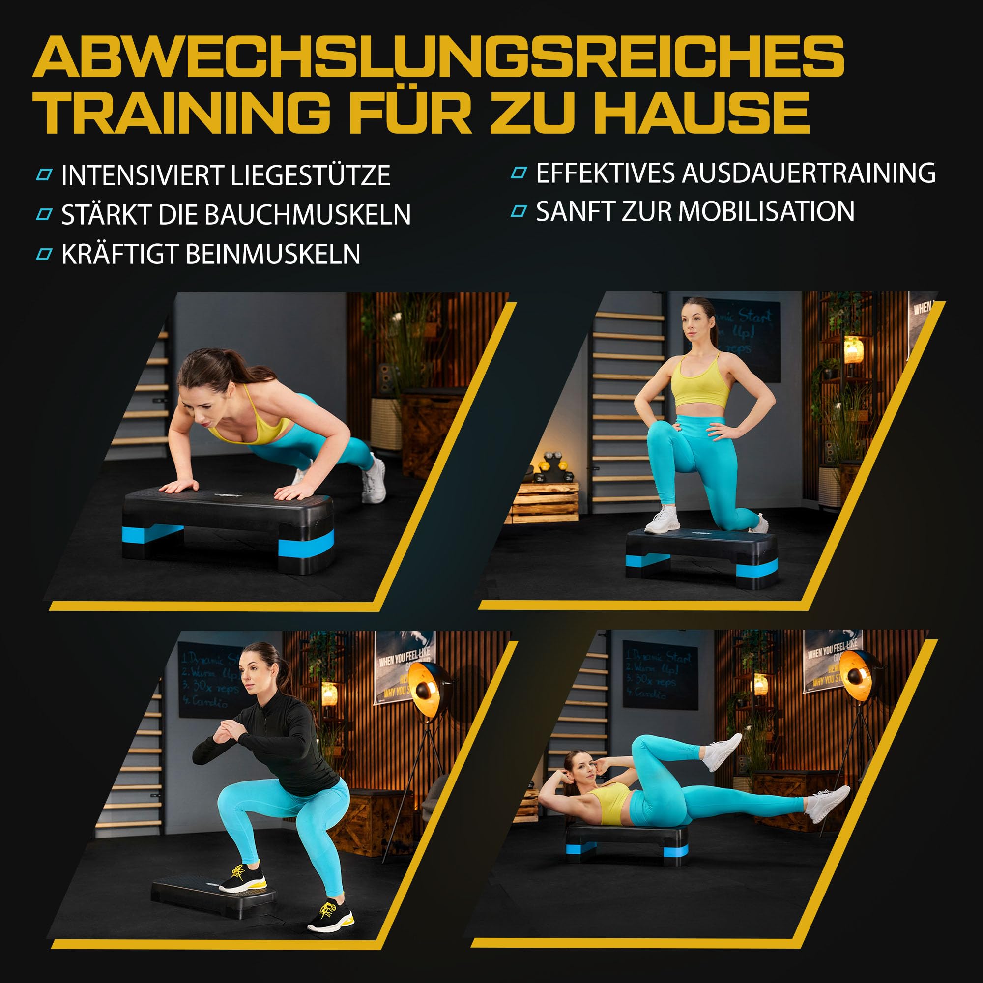 TREX SPORT Steppbrett für zuhause 3x höhenverstellbar 68×28×10/15/20cm | Aerobic Stepper 3 Stufen, rutschfest, bis 350kg belastbar, Stepboard, Blau / Gelb