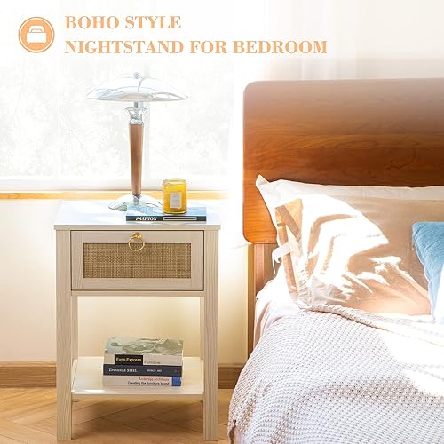 Miniatura 6 de SICOTAS Juego de 2 mesitas de noche blancas cajón decorativo de ratán con pomos de latón mesita de noche de madera mesas auxiliares bohemias con