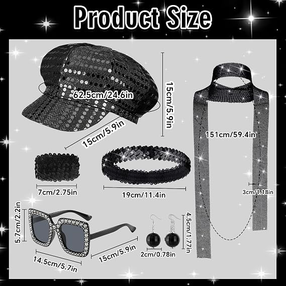 Xerteam 70s Disco Accessories Women's Costume Set | Spark Hat Sequin Scarf Headband Bracelet Sunglasses Earrings Retro 70s Party