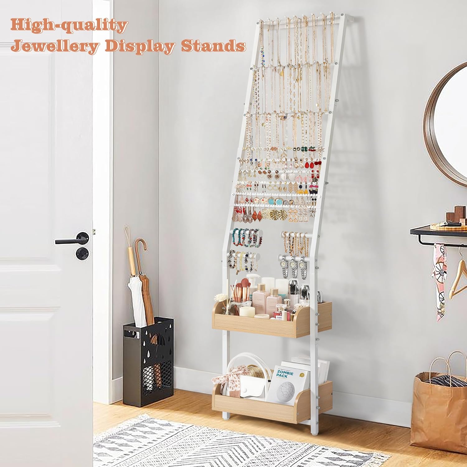 Jewelry Holder Organizer, Large Jewelry Organizer Wall with Earring Organizer Necklace Holder Bracelet Holder, Jewelry Organizer Stand Jewelry Display for Earrings Rings Necklaces Bracelet Watch White