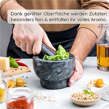 ASIAD Premium Gewürzmörser Aus Ton - Marmor Mörser Set Mit Stößel Und Anti-Rutsch Matte