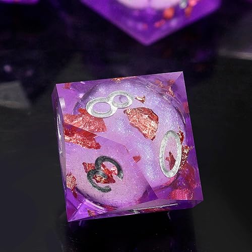 Miniatura 2 de Haxtec Juego de dados DND de resina de borde afilado de núcleo líquido con estuche de dados, 7 dados poliédricos con purpurina morada para juegos de