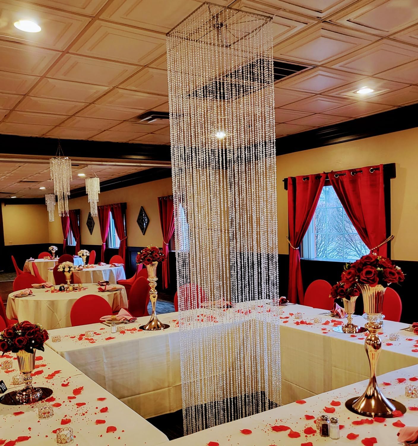 FlavorThings Hanging Beaded Crystal Column Chandelier, 9ft Tall Beads Curtain Round with Silver Metal Hoop and Hanging Chain for Wedding Reception Party Events Home Centerpieces Decorations (9FT)