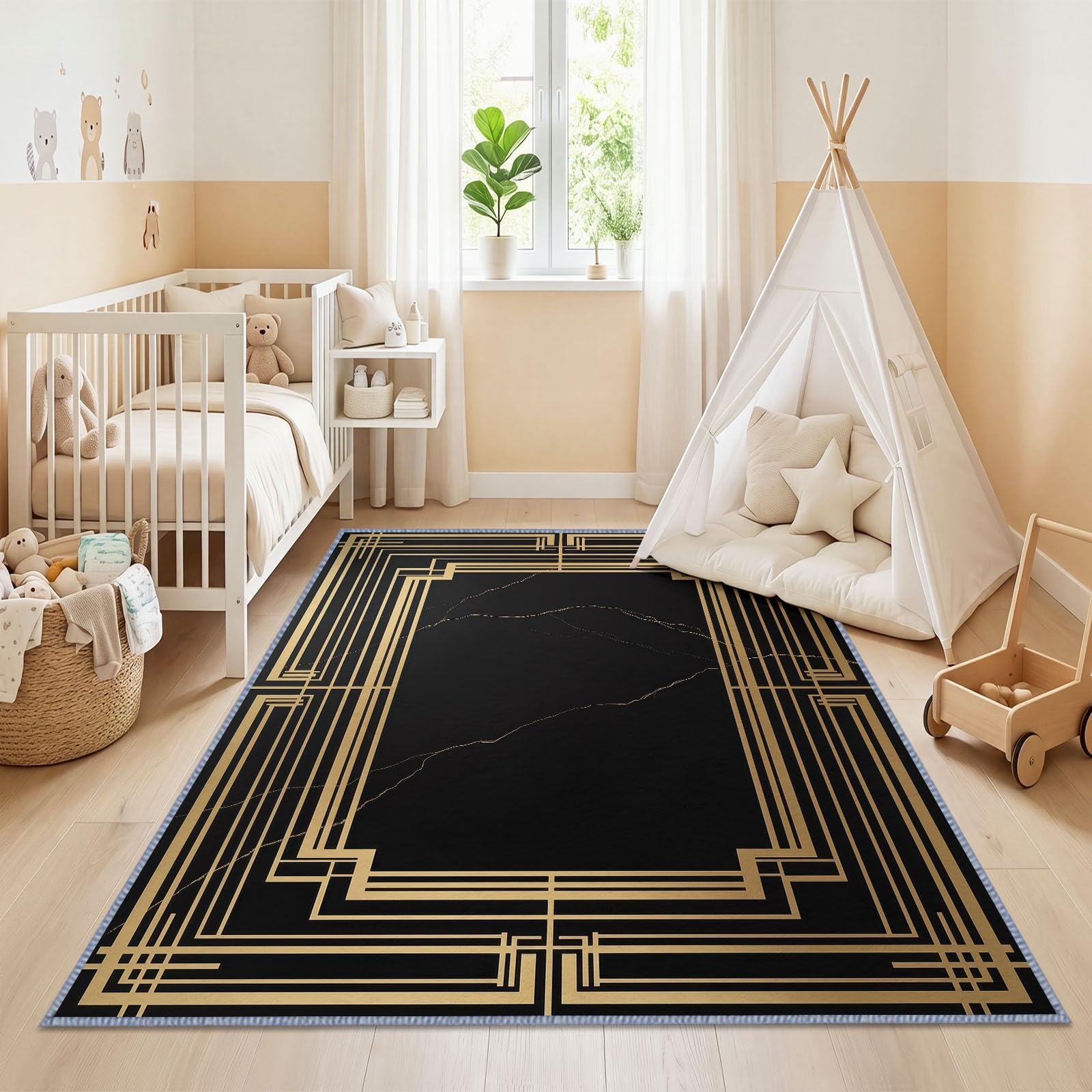 Luxe Moderne Grand Tapis Salon Antidérapant Lavable en Machine 180x240cm, Poil Ras Doux Bordure Marbre Noir Tapis pour Salle a Manger Bureau Cuisine Decoration Chambrel