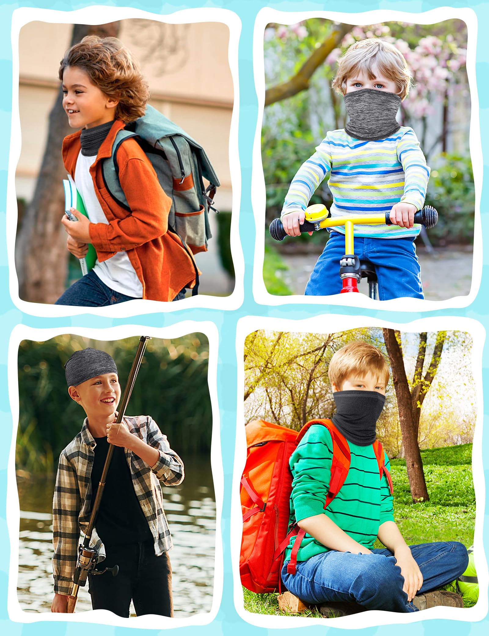 Kiiwah 2 Piezas Braga Cuello Fino para Niño Niña, Bufanda Cuello Multifunción Transpirable para Ciclismo, Senderismo, Pesca, Deportes (Negro, Gris)