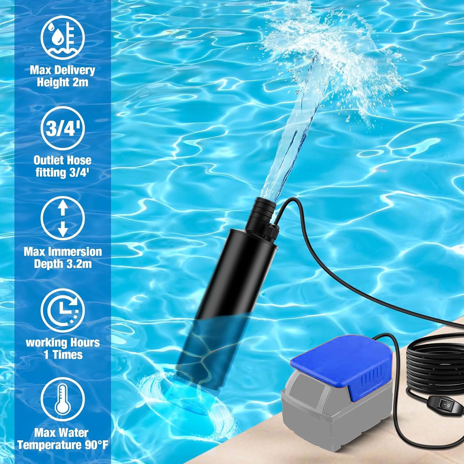 FTVOGUE Bomba de Agua Sumergible Inalámbrica 500GPH