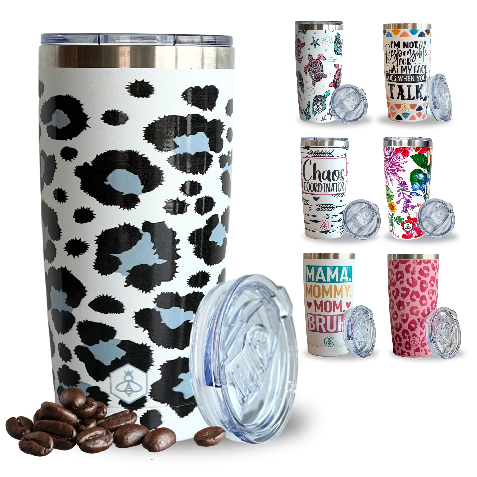 BiddlebeeLeopard Tumbler Snow Leopard Travel Coffee Mug w/Slider Lid | 20oz Spill Proof Stainless Steel Coffee Tumbler | Cheetah Print Tumbler | Leopard Print Tumbler | Leopard Cup