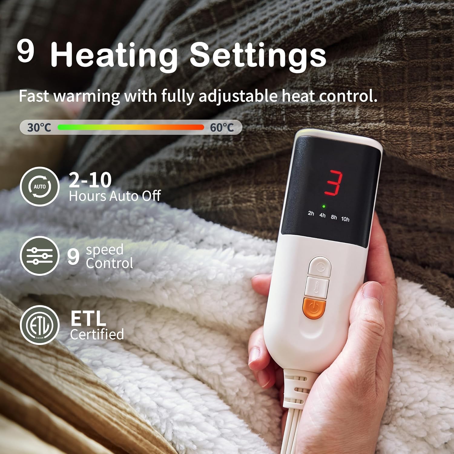 Heated Blanket Electric Blanket Throw 50''X60''-Heating Throw with 9 Heat Settings-2-10 Hours Auto Off,ETL Certified,Machine Washable (Gray Green) - Image 2