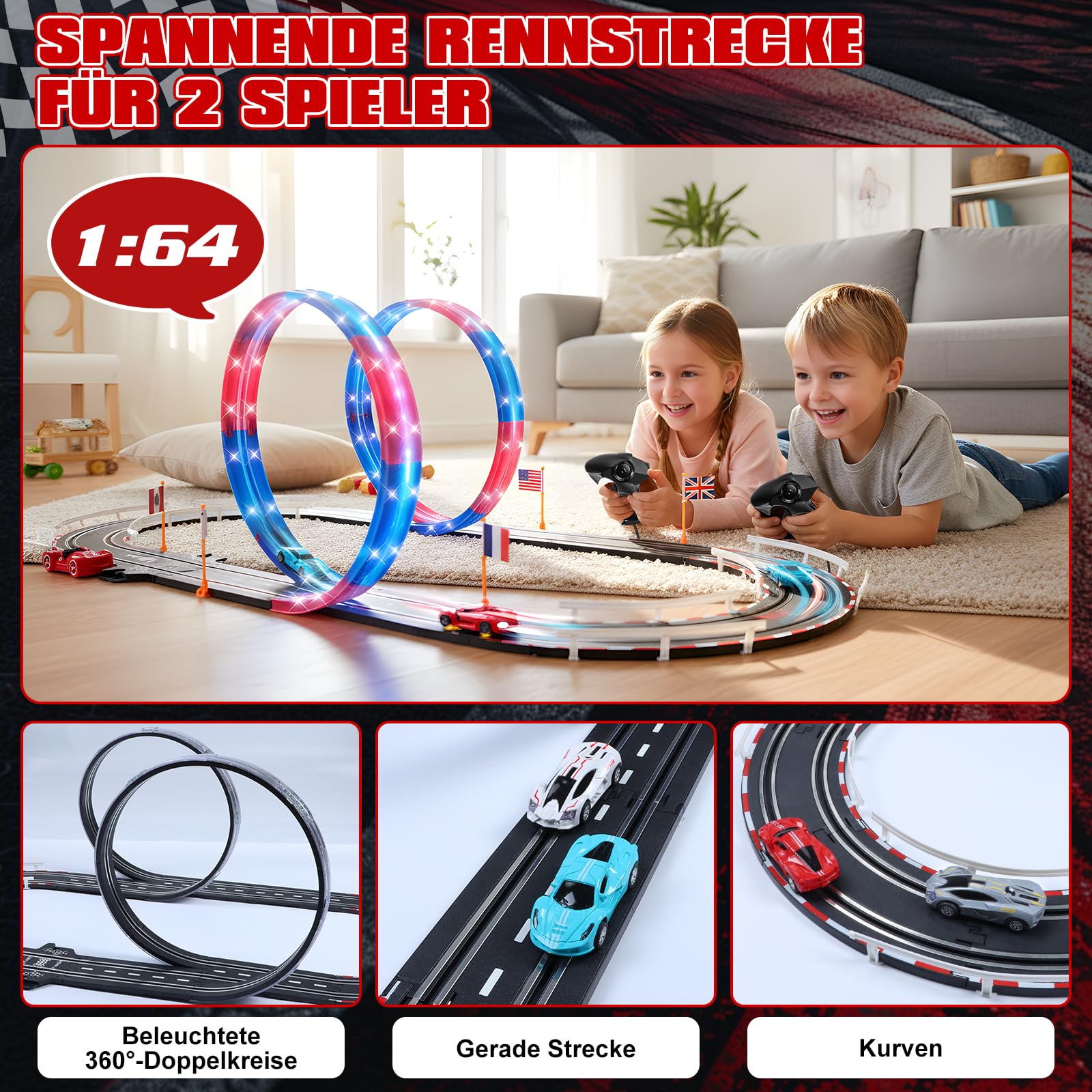 Elektrische Rennbahn Kinder, Autorennbahn Beleuchtete Elektrische Rennstrecke 1:64 Autobahn - 4 LED Auto, Rundenzähler, 360°-Looping, Rennstrecke Auto Spielzeug für Kinder 3 6-12 Jahre (S)