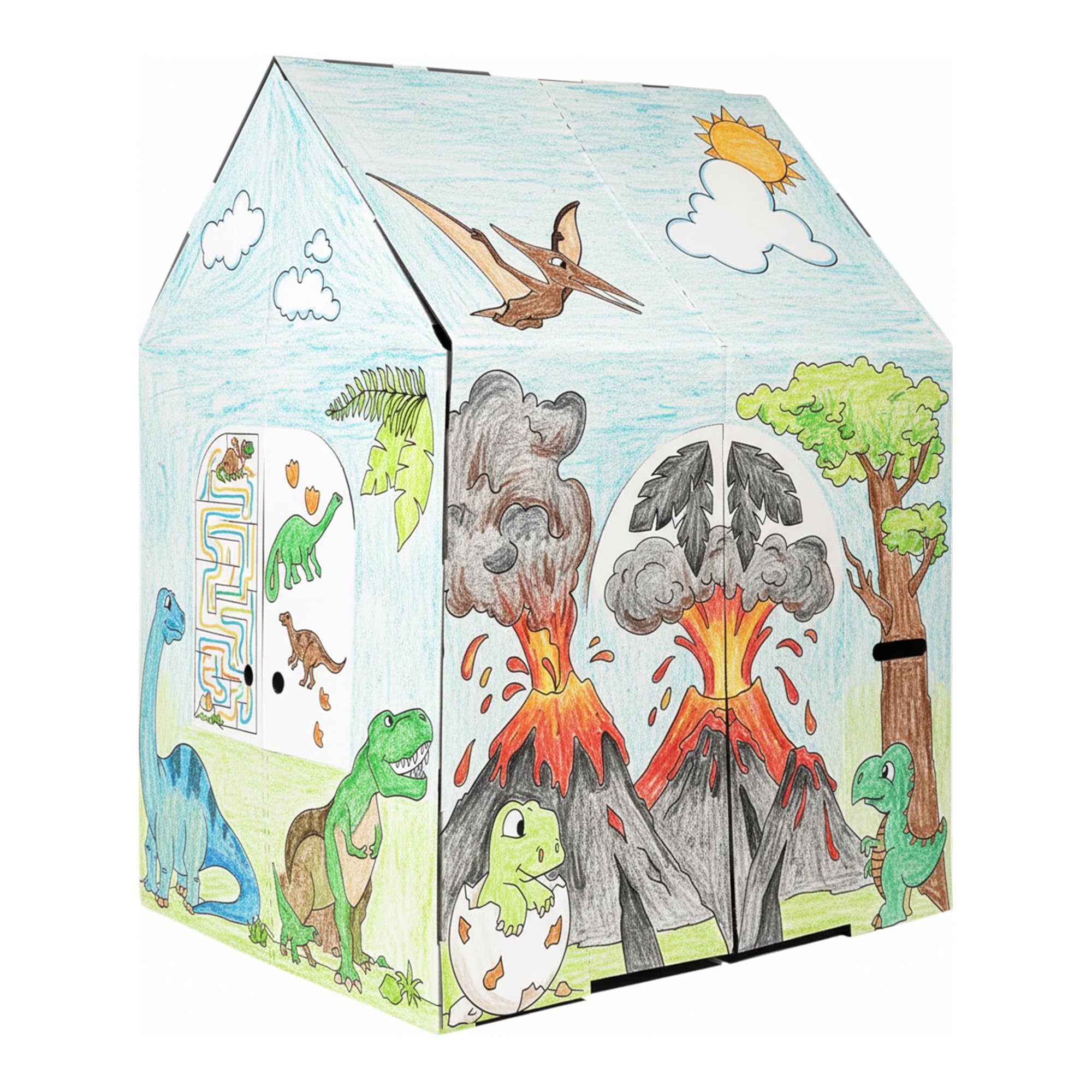 Easy Playhouse Cardboard Dinosaur House - Kids Art & Craft for Indoor & Outdoor Fun, Color Dino Species, 32inchesX26.5inchesX40.5inches