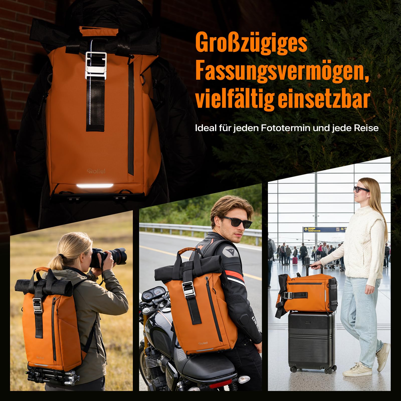 Rollei Fotoliner Ocean Rolltop Kamerarucksack Wasserdicht Fotorucksack Groß Kamera Rucksack mit Laptopfach Stativhalter für DSLR SLR Kameras