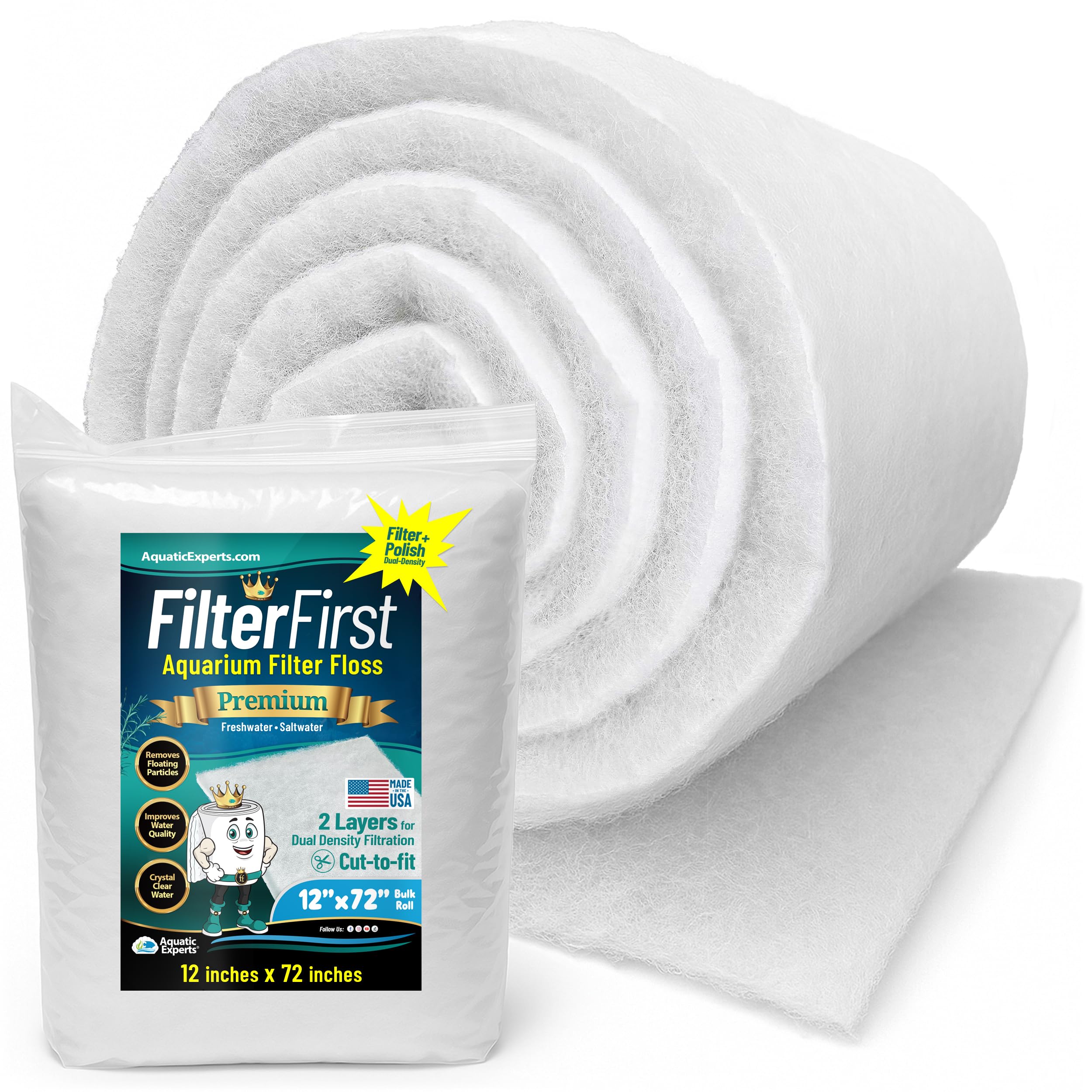 Aquatic Experts Aquarium Filter Floss for Fish Tank Filters - FilterFirst Aquarium Filter Pad - Media Roll for Crystal Clear Water, 3/4" - 1" Thick (12 Inch Wide, 72 Inch Long)