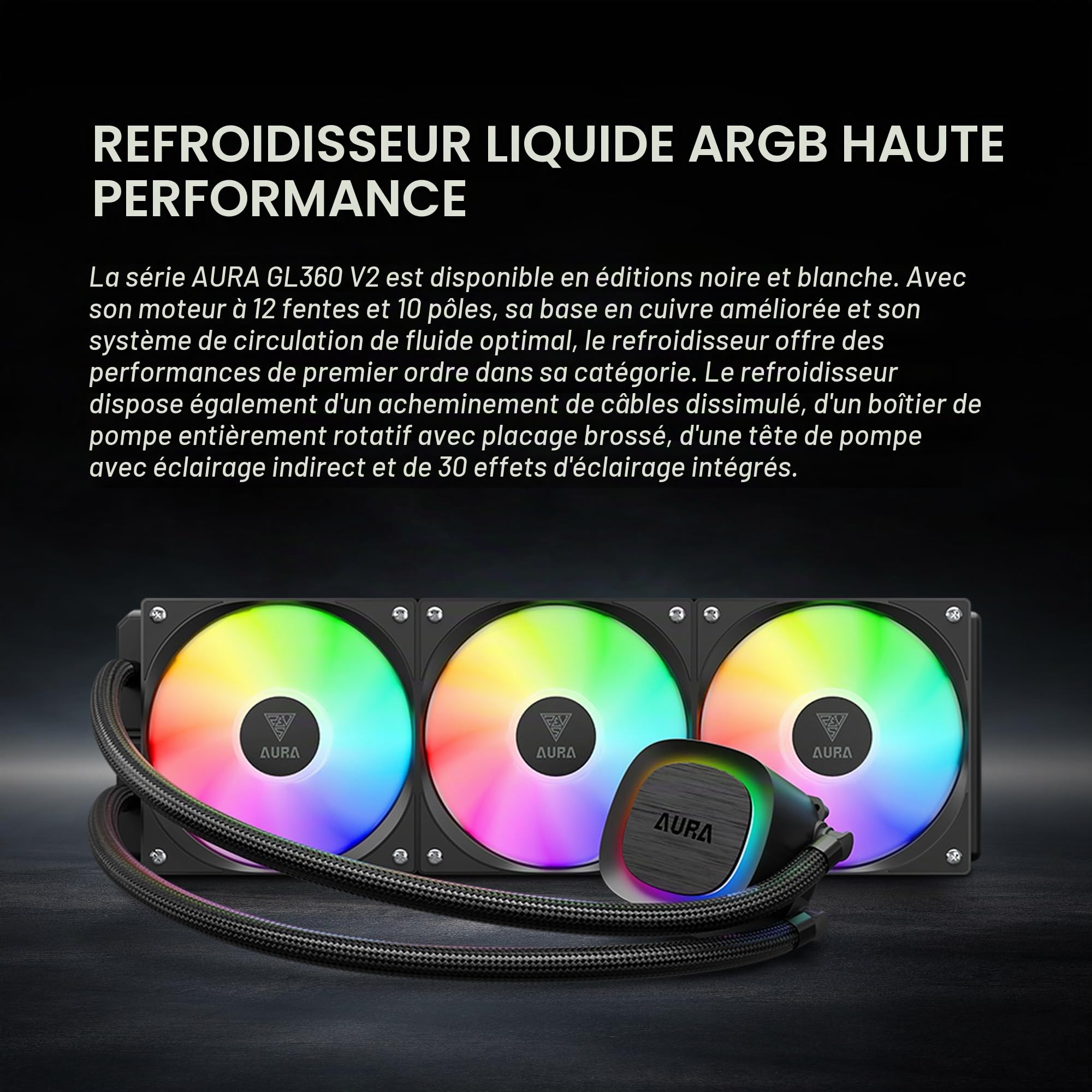 GAMDIAS Aura GL360 V2 AIO Refroidisseur liquide pour processeur 360 mm, conception de routage facile des câbles, pompe rotative à performance rotative, 3 ventilateurs PWM ARGB à faible bruit de 120 mm