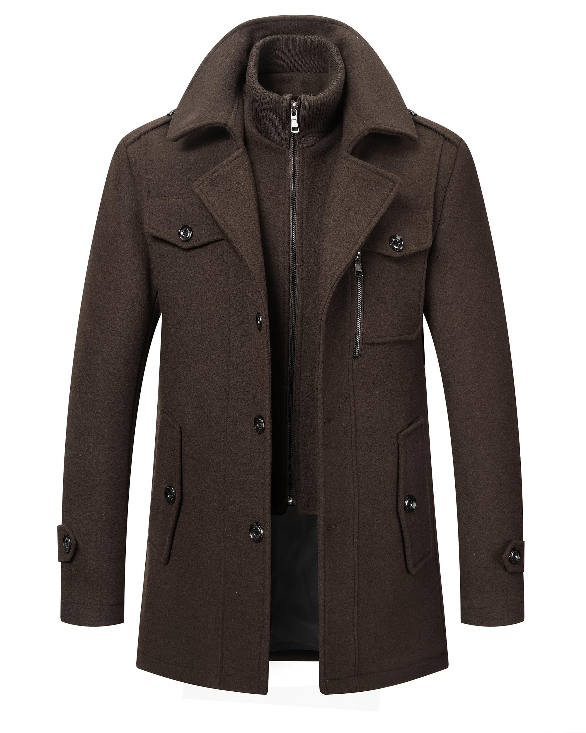 Men's Wool Blend Jacket Single Breasted Slim Fit Thick Winter Windproof Pea Coat with Removable Scarf