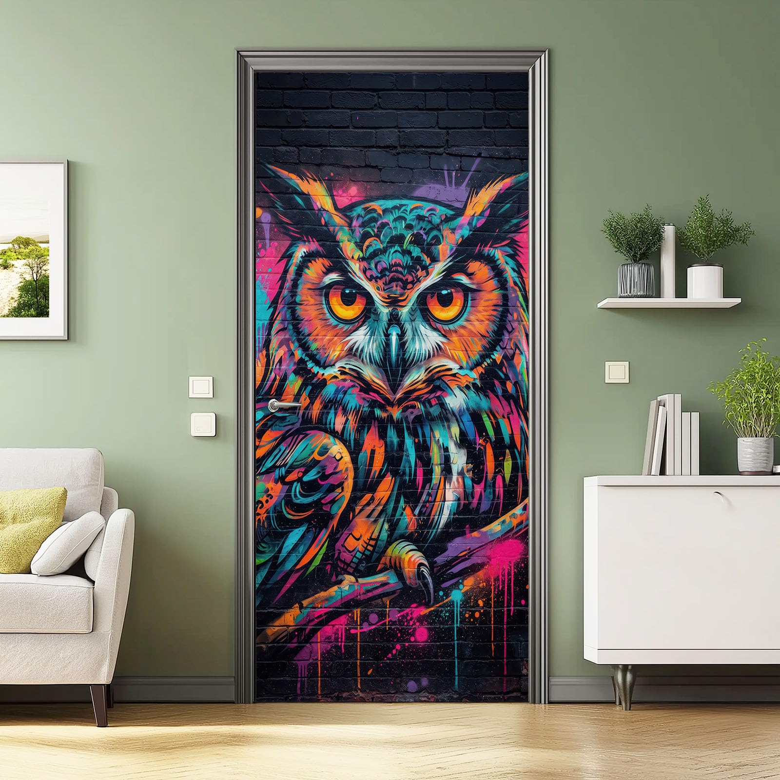Samoprzylepna naklejka na drzwi 3D 90x200 cm - powłoka samoprzylepna do drzwi kreskówka zwierzę graffiti graffiti, naklejka ścienna na drzwi czarna zwierzę sowa, pcv dekoracyjna sztuka ścienna do