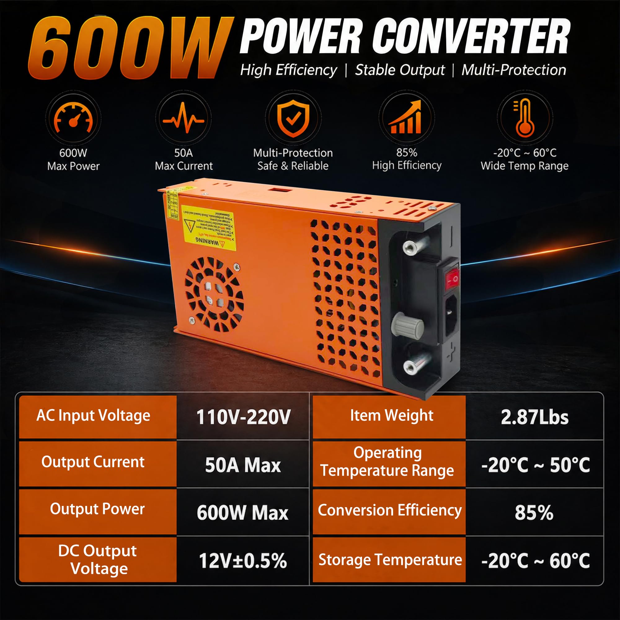 Upgraded AC to DC 12 V 50 A 600 W Alimentatore di rete da 230 V AC a DC, trasformatore industriale per striscia luminosa a LED, CCTV, radio SMPS (12 V 50 A 600 W)