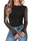 Women Long Sleeve Body Suits Mesh Boat Neck Shapewear Bodysuit Crew Neck Leotards Going Out Tops Fall Outfits