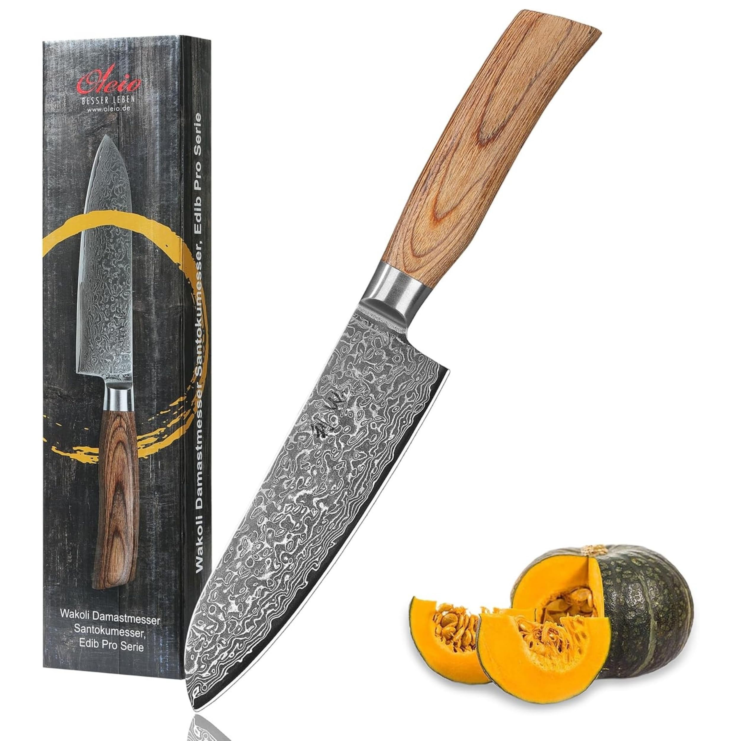 Wakoli EDIB Pro - cuchillo de damasco santoku de 16cm, hoja muy afilada de 67 capas, cuchillo de cocina de damasco y de chef profesional de acero de damasco auténtico con mango de madera de pakka