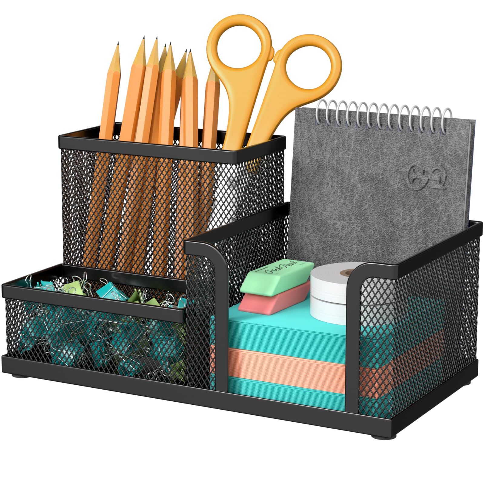 MaxGear Pen Holder for Desk - Black Metal Mesh Pencil Holder with 3 Compartments, Desktop Organizer with Non-Slip Mats, Office Supplies Organizer for School, Home & Workspace