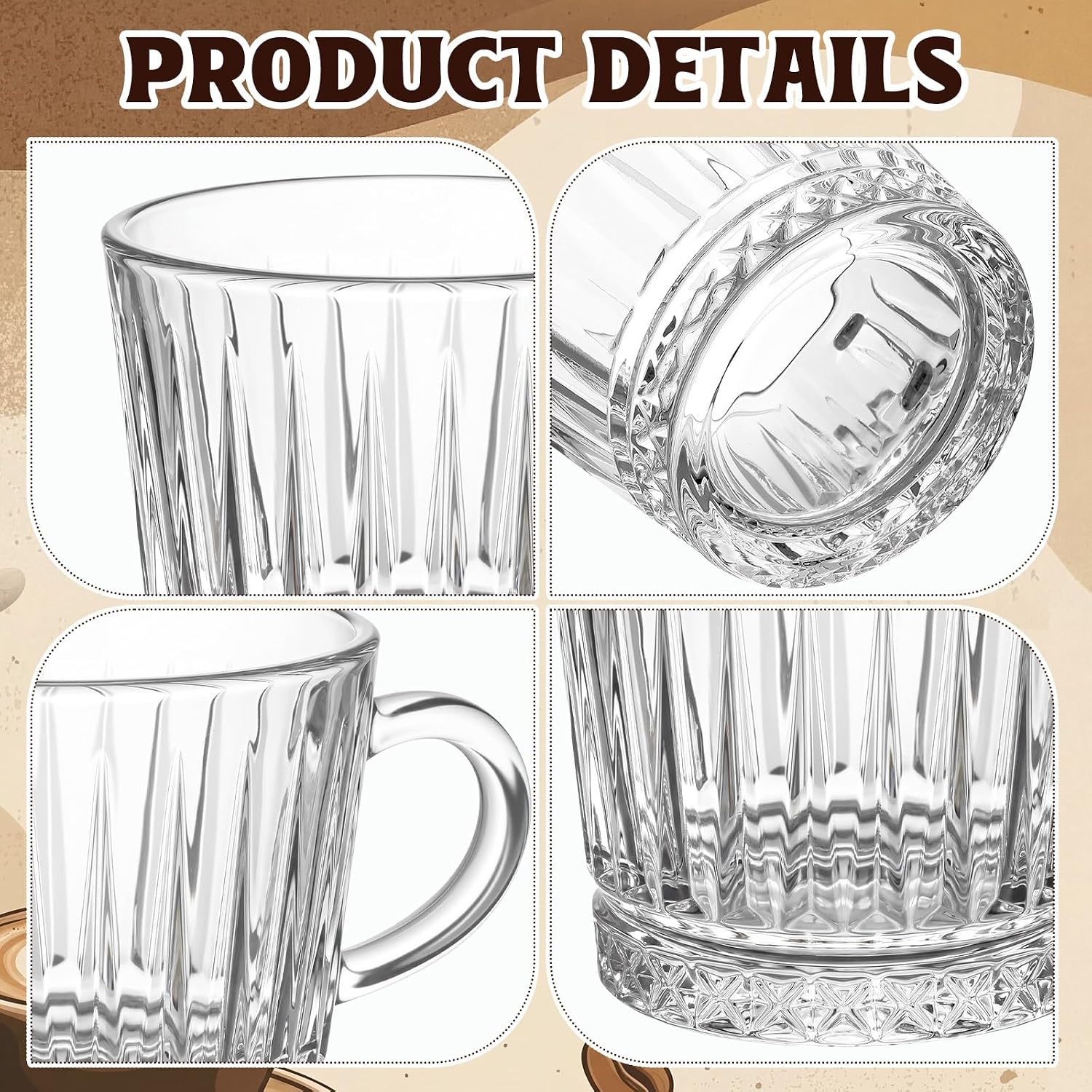 12 Pack Glass Coffee Mugs with Handle 8.5 oz Clear Tea Cup, Vintage
