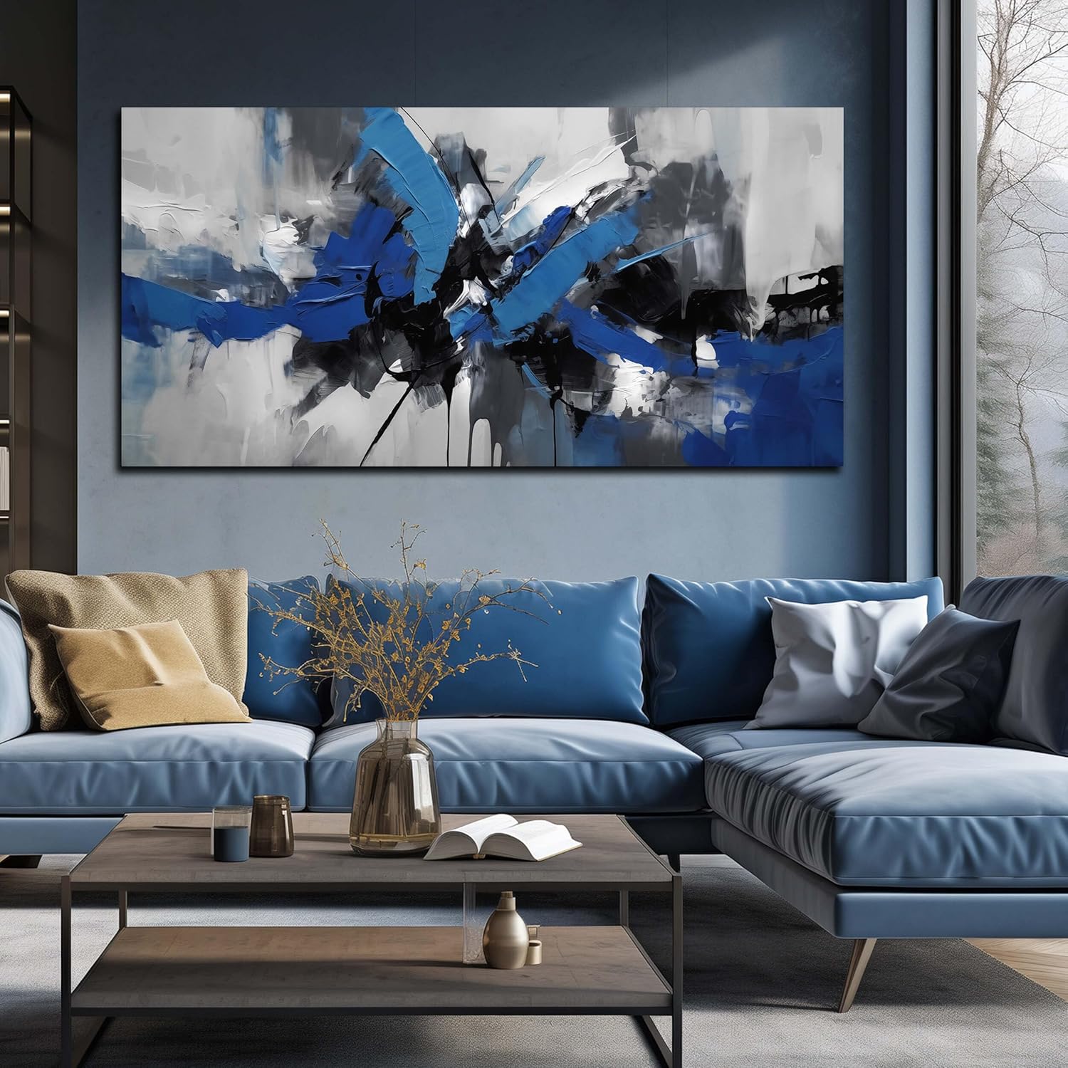 Large Abstract Wall Art for Living Room Canvas Wall Art Blue Black and White Pictures Wall Art for Living Room Bedroom Office Bathroom Kitchen Modern Canvas Artwork Decor Minimalist Artwork 29"x 58"