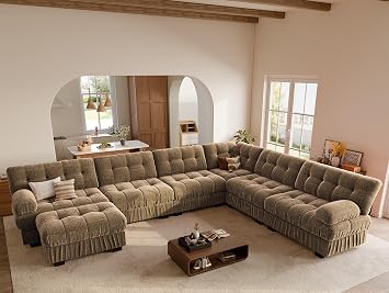 ABCASA 148.5" Extra Wide Modular Sectional Sofa with Corner, Comfy L-Shaped Cloud Couch with Movable Ottoman, 6-Seater Chenille Deep Seat Modern Tufted Couches for Living Room, Coffee Brown