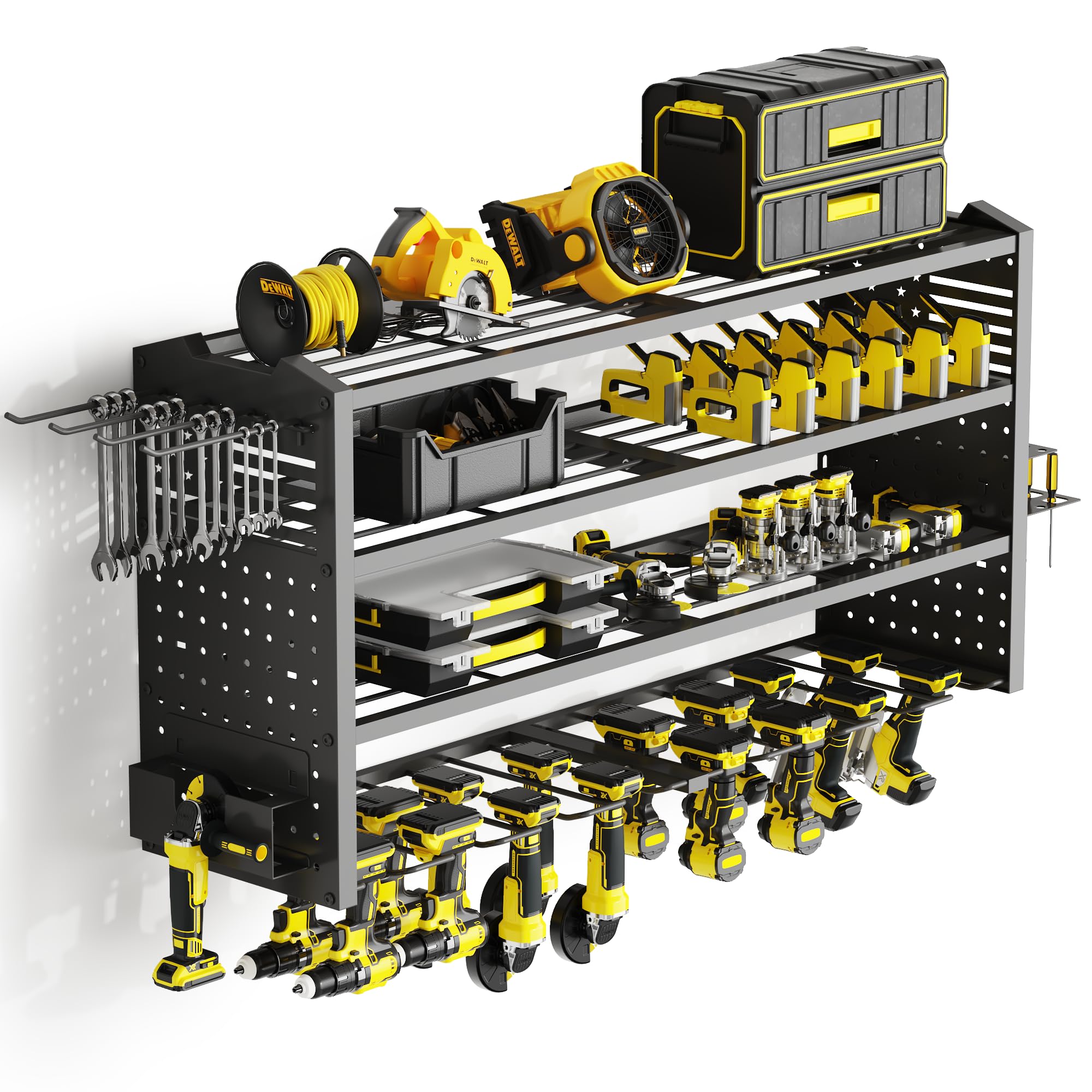 Tomorotec 4 Layers Wall-Mounted Power Tool Storage Rack for Drill, Toolbox & Accessories, Heavy-Duty Steel Organizer with Side Hooks and Adjustable Shelves, Easy Installation Garage (Black)