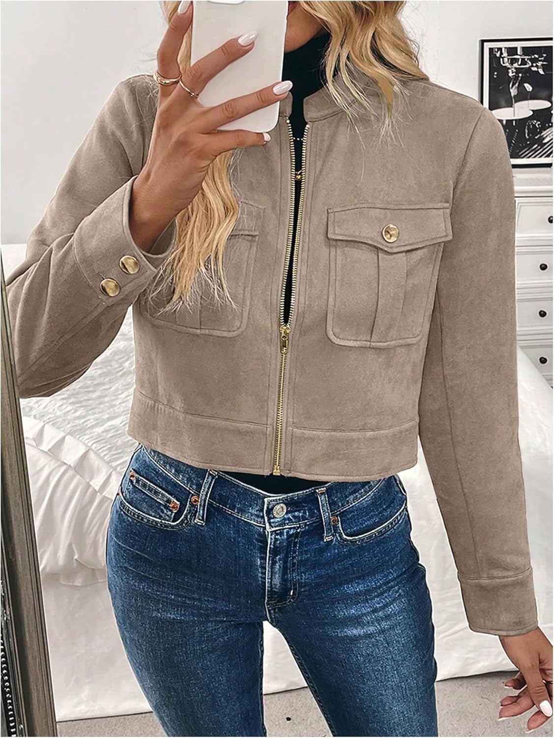 Verdusa Women's Zip Up Crop Spring Jackets Faux Suede Long Sleeve Motorcycle Cargo Jacket with Pockets - Image 5