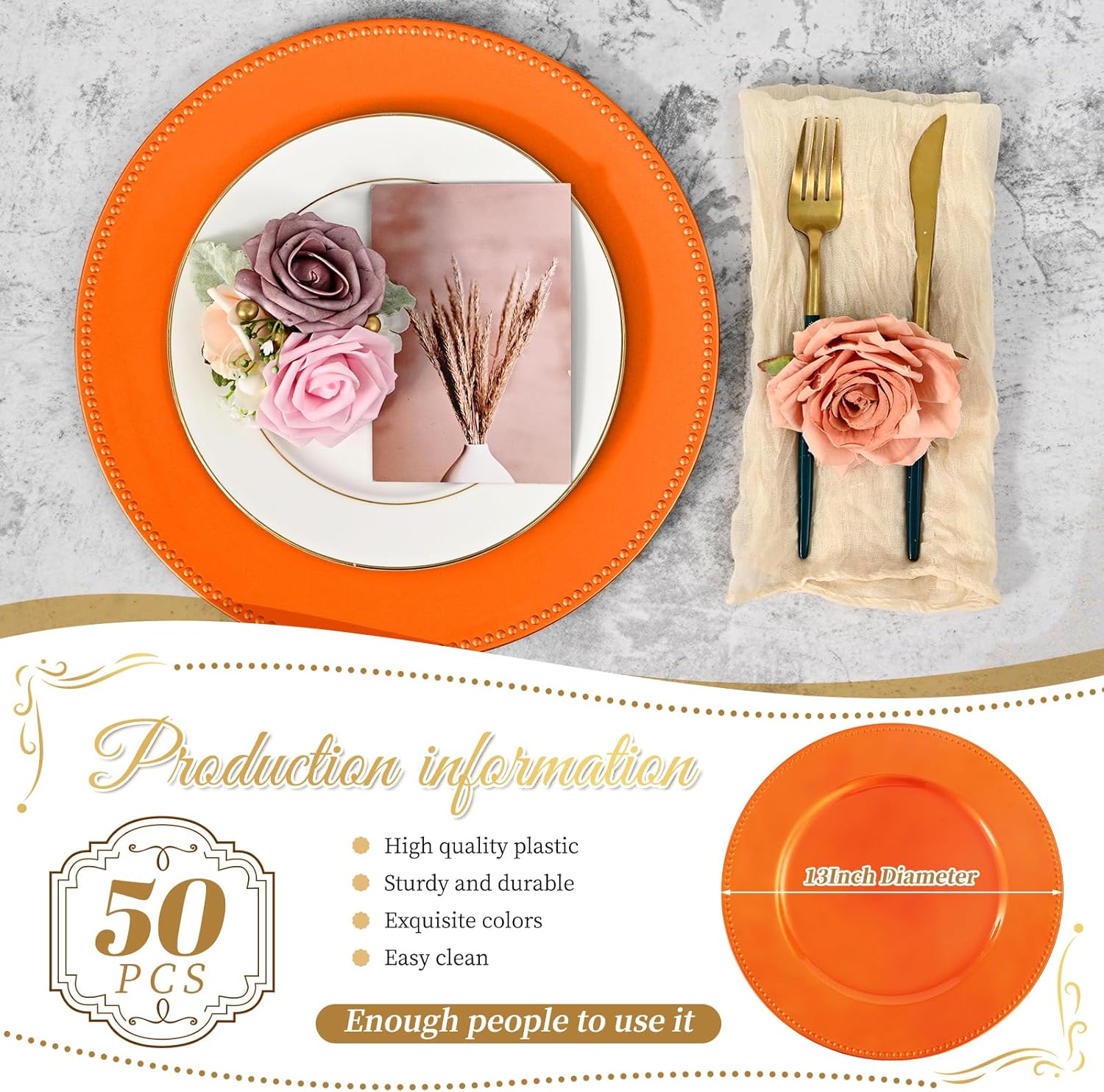 50 Pcs Orange Charger Plates Round Charger Plates13 Inch Bulk Wedding Dinner Elegant Reusable Plastic Chargers Plates Wedding Holiday Party Baby Shower Event Decoration (Orange)