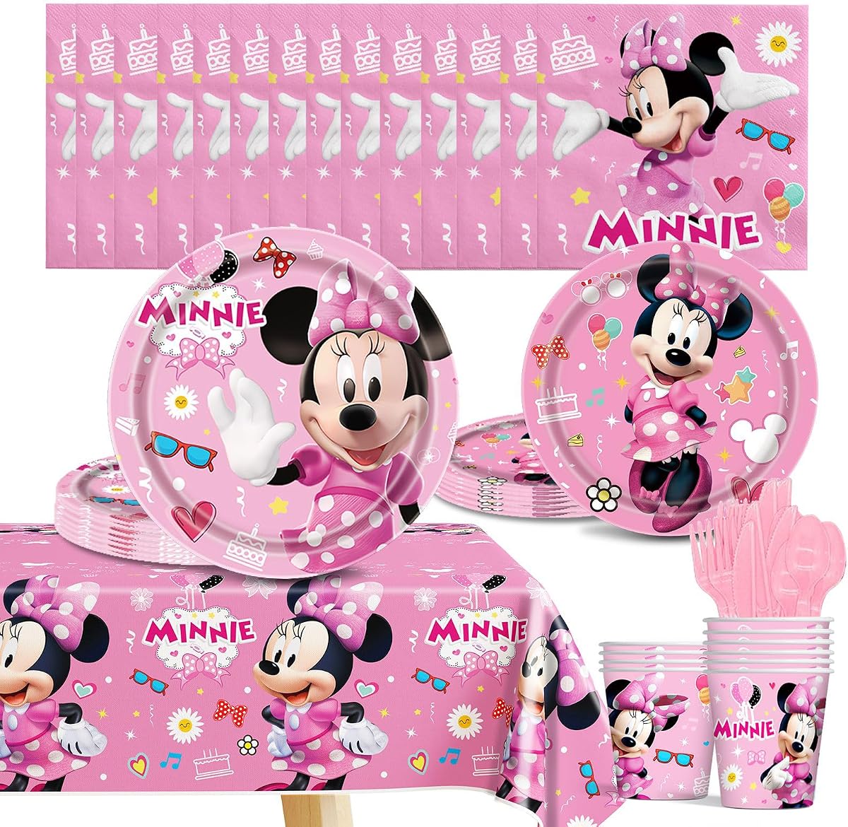 Cartoon Birthday Party Tableware Set – Including 9″ and 7″ Paper Plates, Paper Cup, Napkins, Cup, Fork, Knife, Spoon and Tablecloth, Birthday Party Sets for Boys & Girls (Pink)