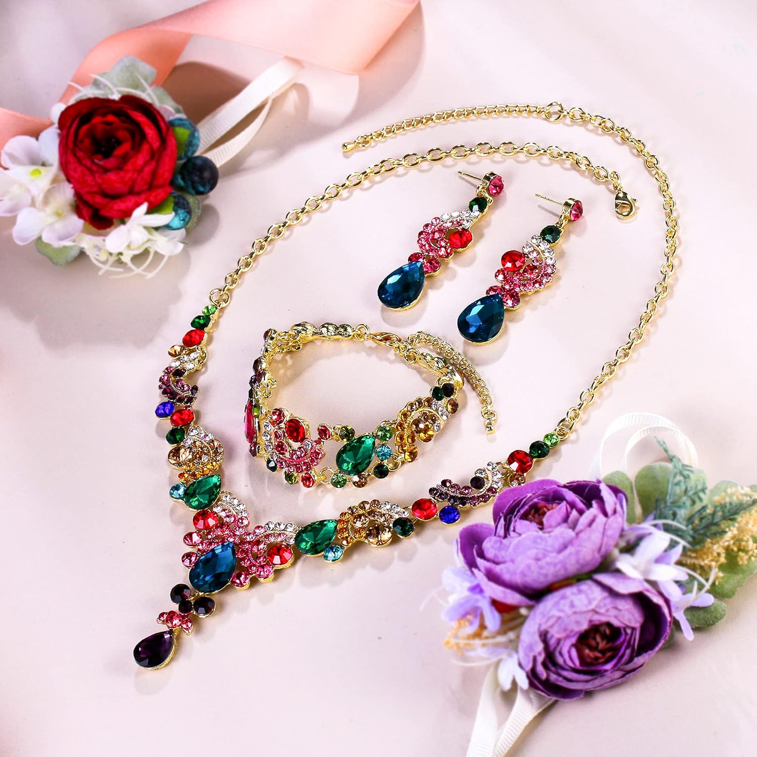 EVER FAITH Rhinestone Crystal Bridal Art Deco Floral Wave Teardrop Necklace Earrings Bracelet Jewelry Set - Image 5