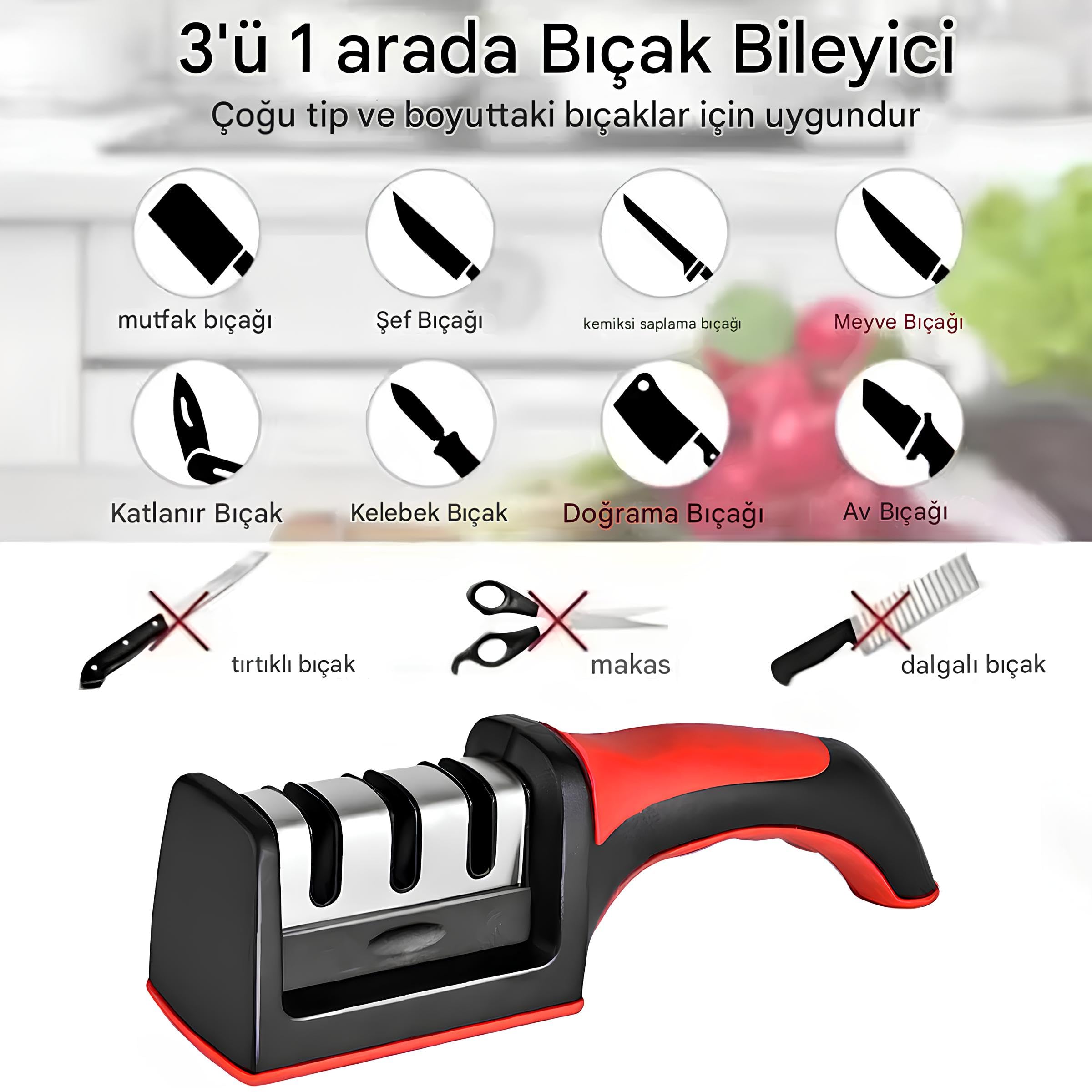 Kanji 3 Fonksiyonlu Paslanmaz Çelik Bıçak Bileyici – Elmas, Tungsten ve Seramik Bileme – Şef, Mutfak, Meyve, Çakı ve Av Bıçakları İçin Ergonomik Bileme Aleti