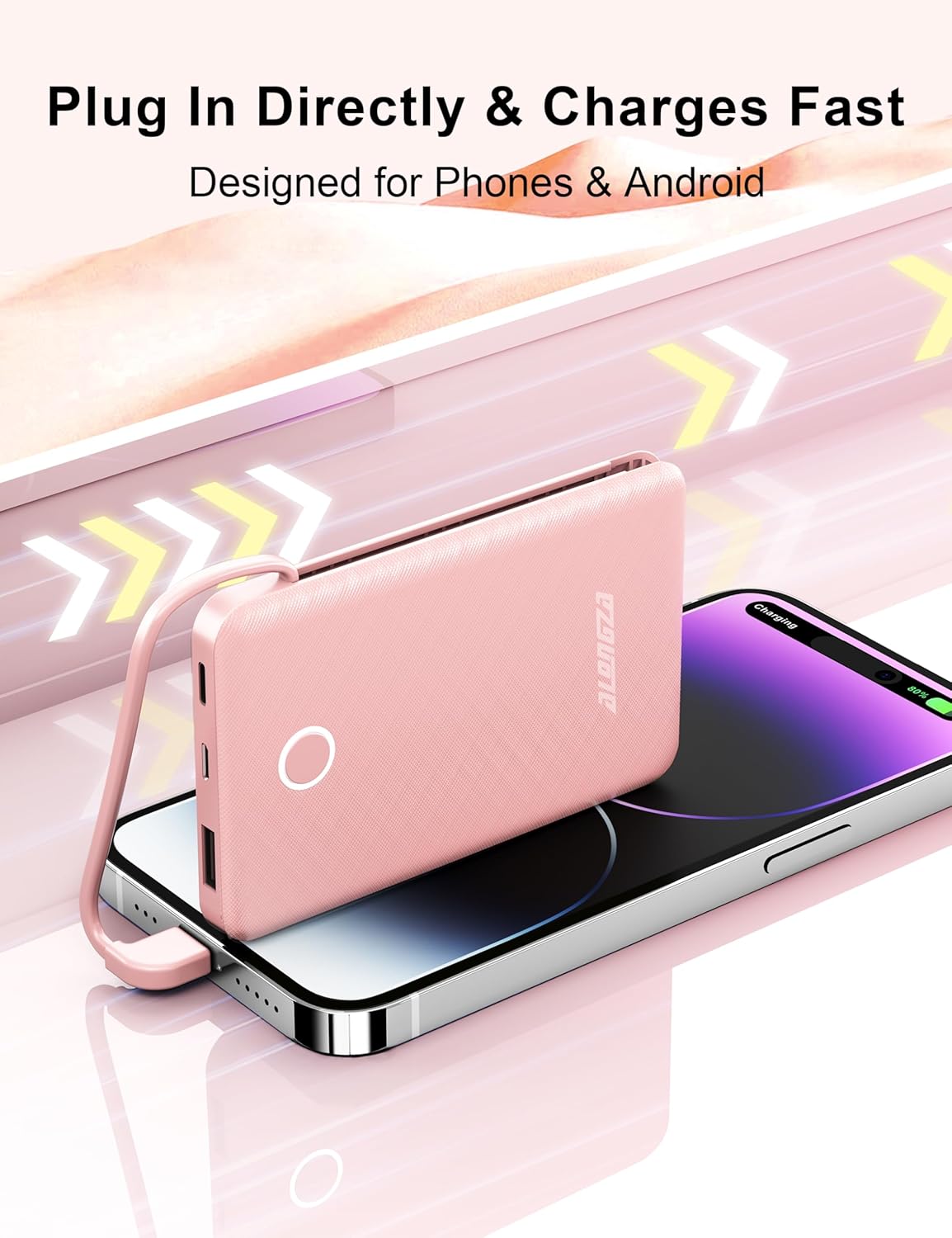 Alongza 6000mAh Portable Charger with Built-in Cables, Ultra Slim Mini Power Bank & Fast Charging USB C, Lightweight Travel Essential Battery Pack for iPhone, Samsung, Android (Pink & Blue)