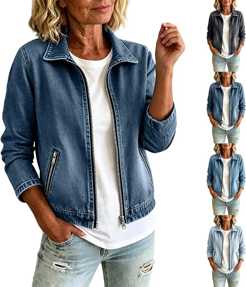 GOHRSHA Women Cropped Stretch Jean Jacket Collared Zip Up Pullover Sweatshirt
