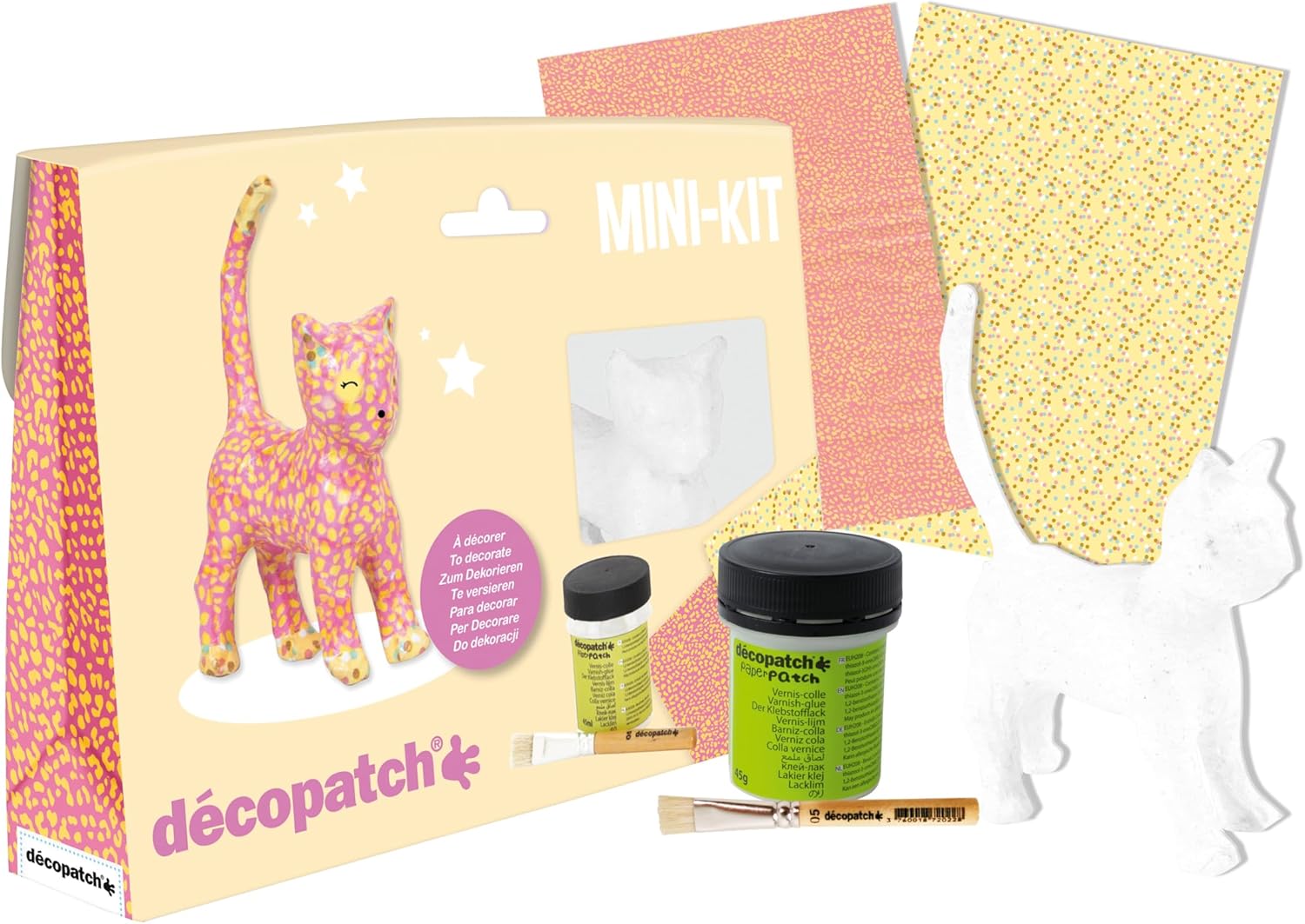 Décopatch - Ref KIT012O - Cat Mini Kit - Suitable for Children - Includes White Papier Mache Animal, 2 x Décopatch Sheets, Brush & Pot of PaperPatch Glue
