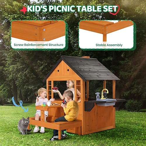 Miniatura 3 de JOYMOR Casa de juegos de madera para niños, para exteriores, cabaña con fregadero, mesa de picnic, buzón, soportes para macetas, edad 3-8 años