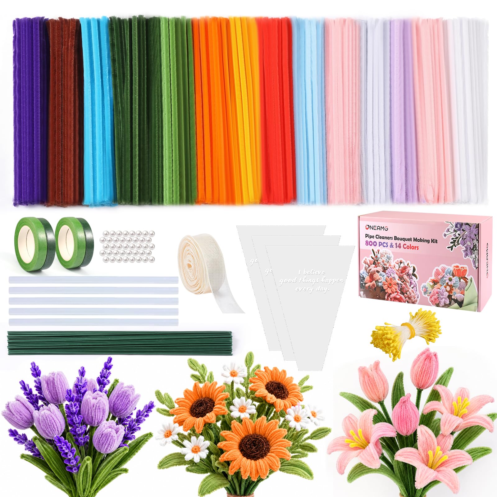 800 PCS Fil Chenille 14 Couleur Cure Pipe Chenilles DIY Loisirs Creatifs | Pipe Cleaners Comprenant : Ruban Adhésif Floral, Tiges Artificielles, Ruban Décoratif, Perles, Pistils et Bâtons,Colle Chaude