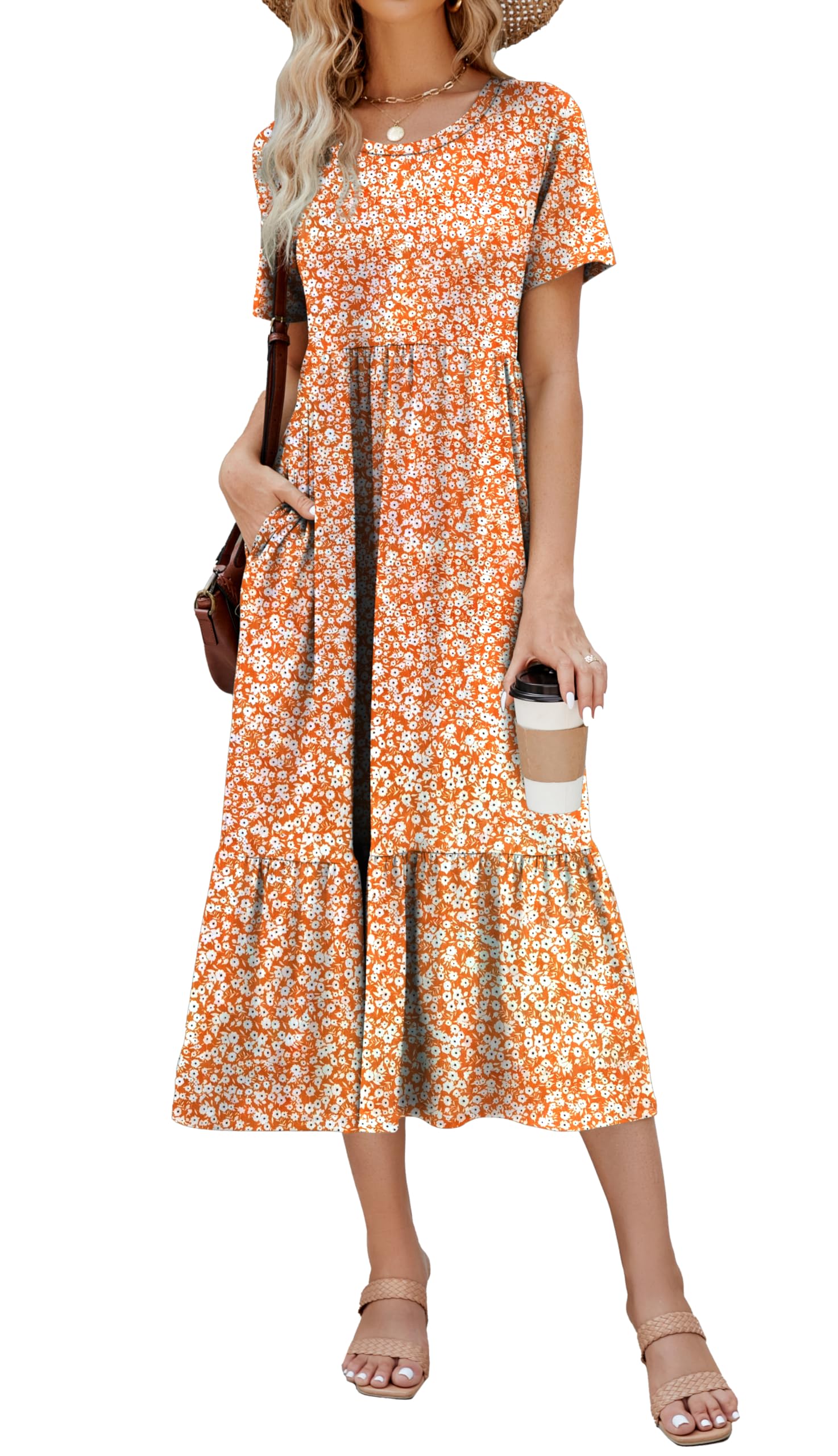 Summer Dresses for Women Flowy Maxi Sundress Short Sleeve Tiered Beach