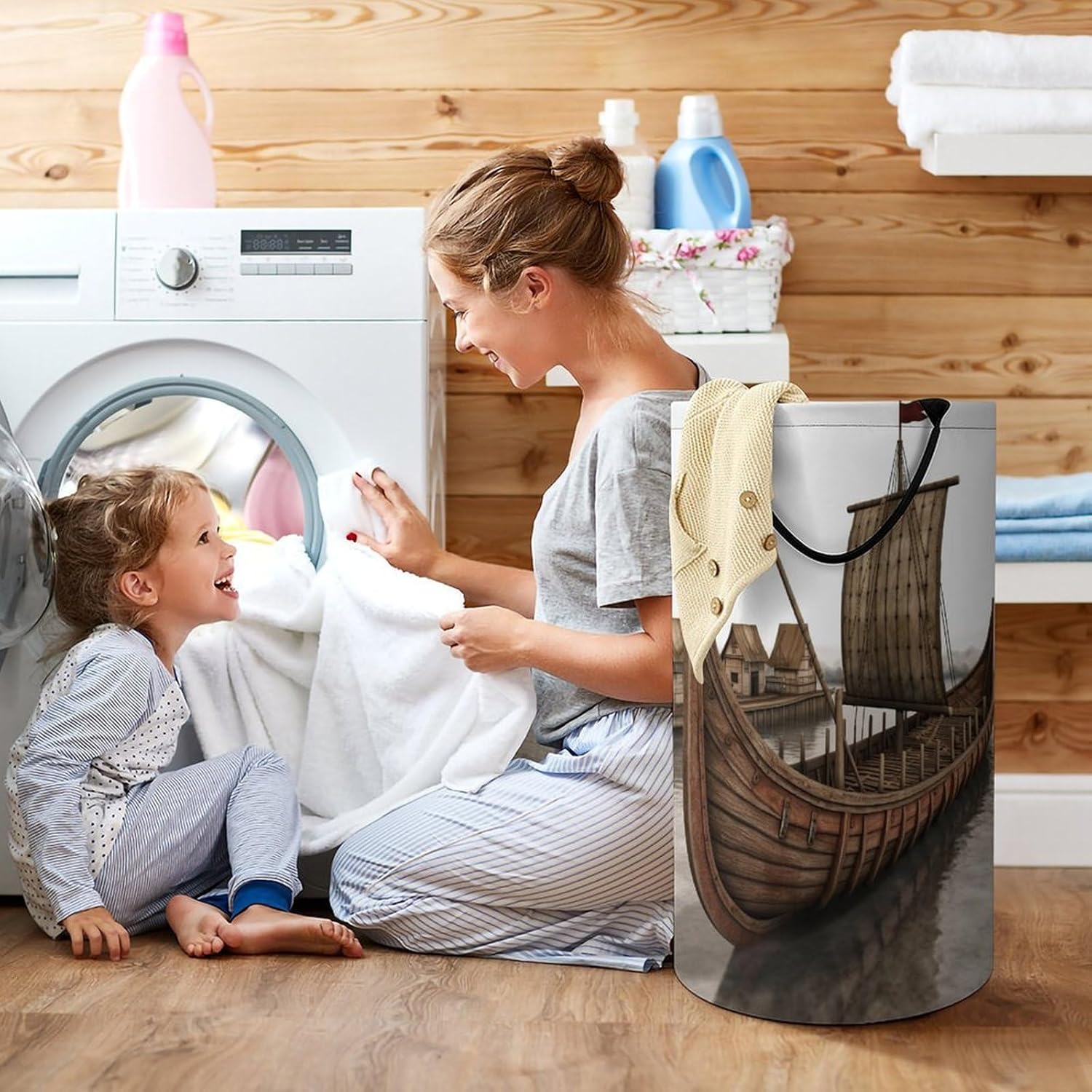 Old Viking Boat Laundry Basket Freestanding Laundry Hamper with Handles Waterproof Dirty Clothes Hamper Collapsible Washing Bin Aesthetic Clothes Basket for Bathroom Bedroom Dorm