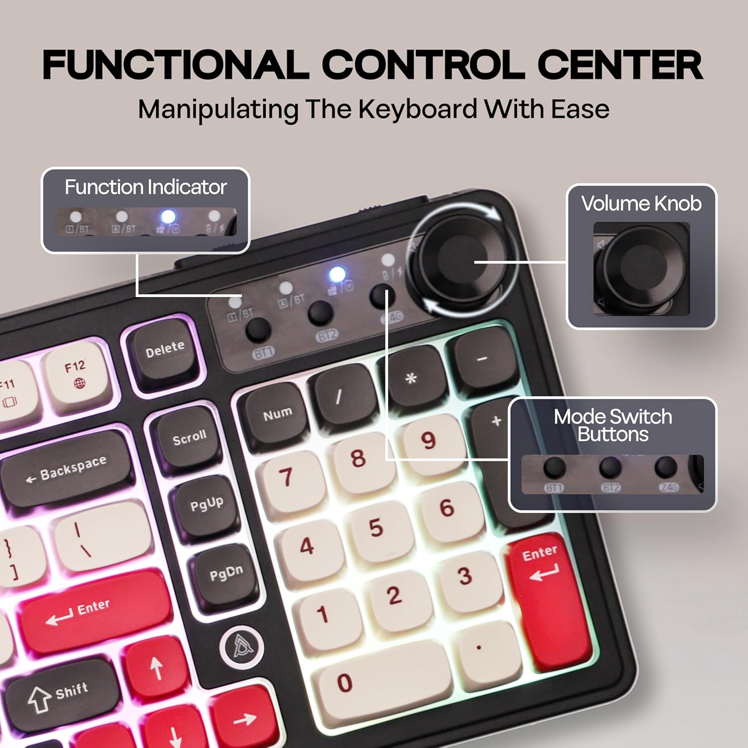 AJAZZ AF98 Plus Membrane Keyboard, Tri-Mode Wireless Gaming Keyboard, for Win/Mac/iOS, Bluetooth 5.0/2.4G/USB-C, RGB Backlit, 4000mAh Battery, Volume Knob, Adjustable Stand (Black Red)