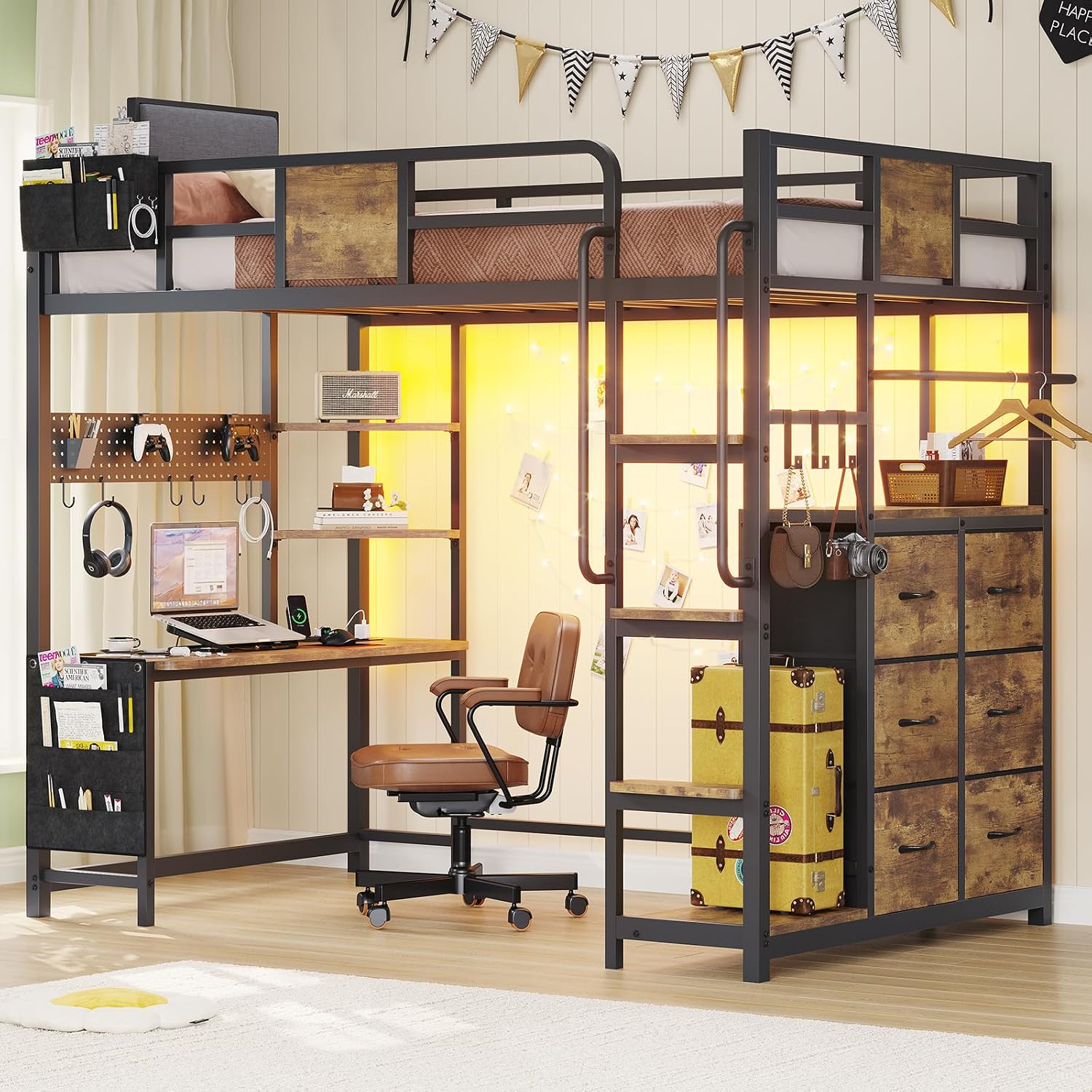 BYSAUD Twin Size Loft Bed with desk, storage, and LED lights in a room setting.