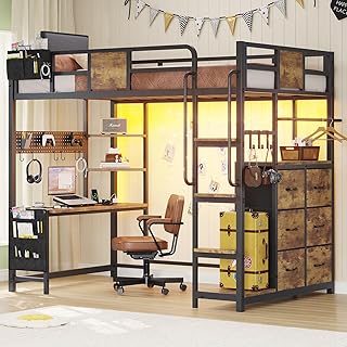 Loft Bed with Desk, Loft Bed Twin Size with 6 Storage Drawers & 4 Storage Shelves,Twin Loft Beds with LED Lights & Charging Station, Bunk Bed with Safety Guard & Ladder,No Box Spring Needed, Brown