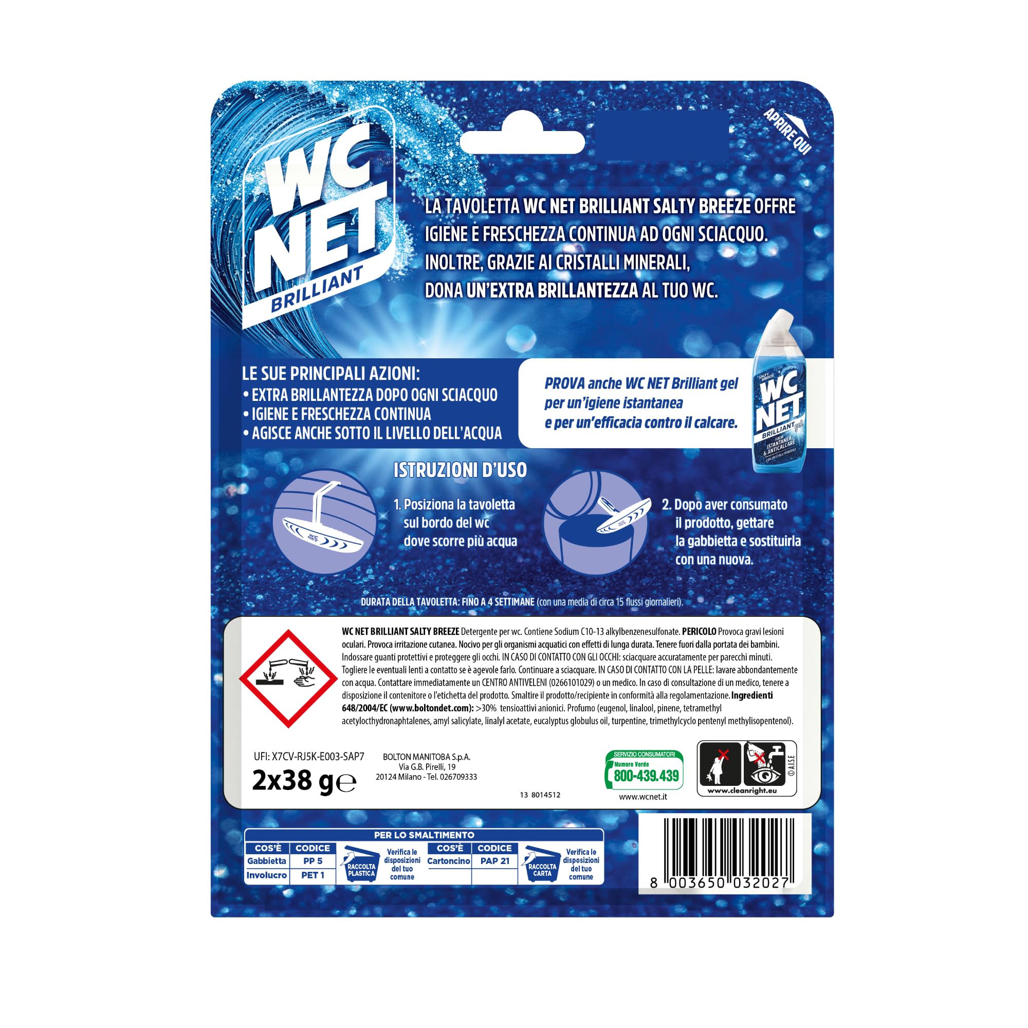 Wc Net - Tavoletta Brilliant Salty Breeze, Detergente Igienizzante Solido per Wc, Igiene e freschezza continua, Texture Glitterata e Profumo di Lunga Durata, 2 Pezzi