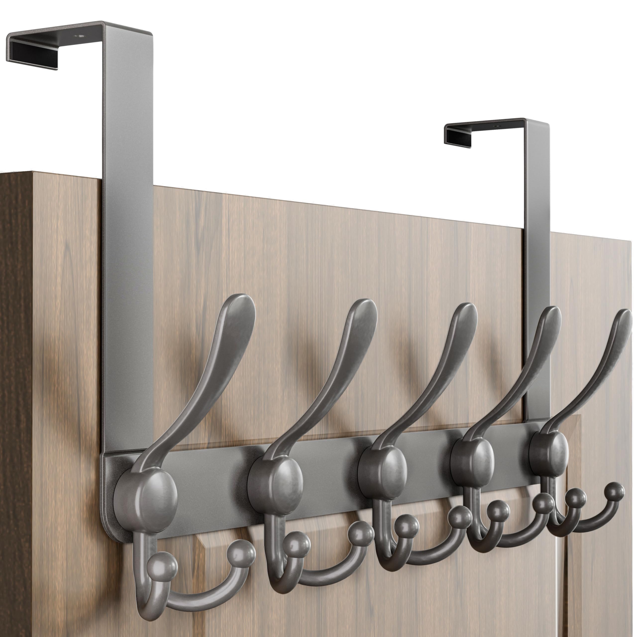Dseap Upgraded Over Door Hook | Fits 3.5-4.5cm Doors, Easy Install Heavy-Duty Stainless Steel | 5 Triple Hooks Door Hanger Rack | Damage-Free for Coats Bags Towels, Grey