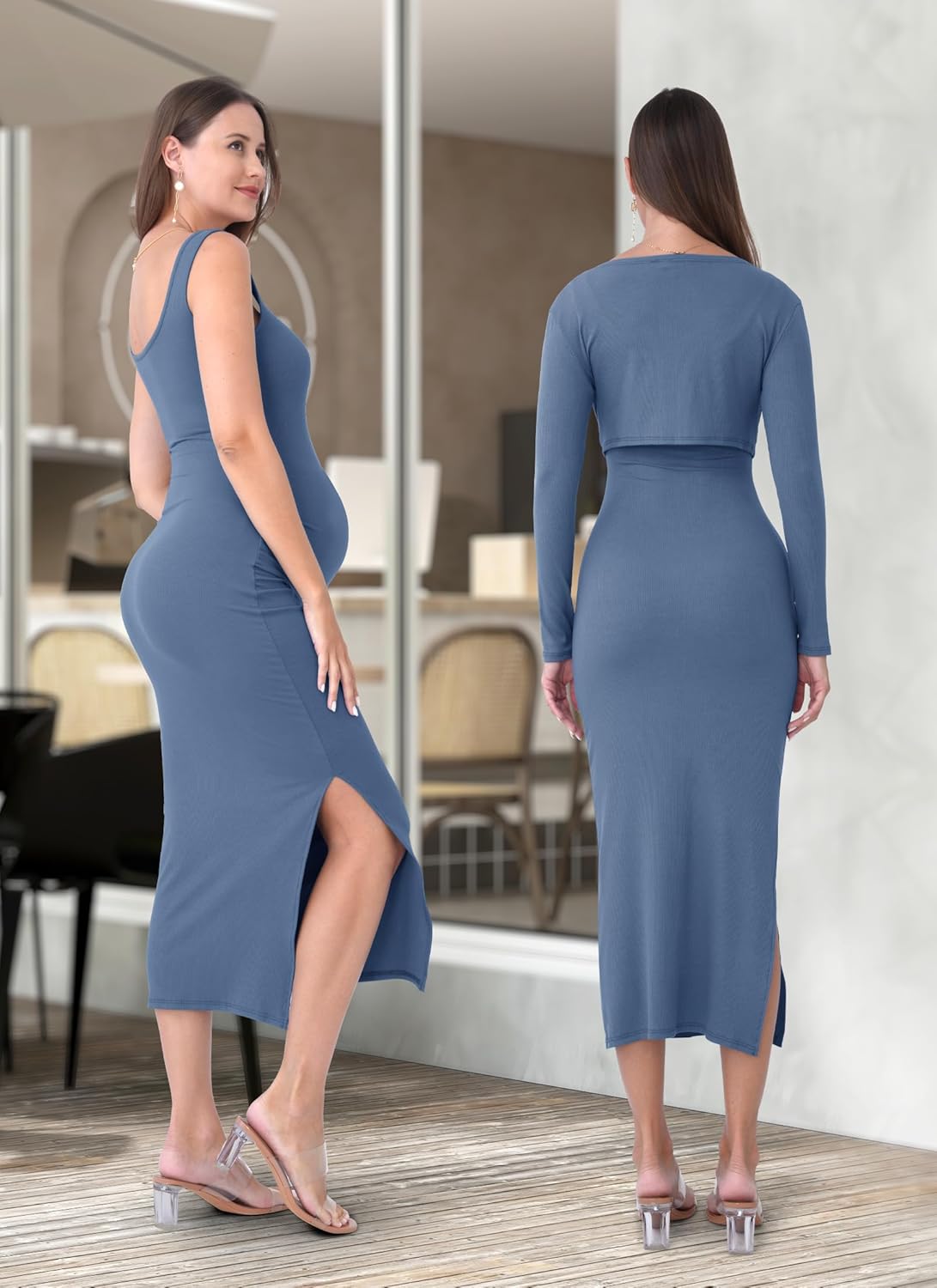 2 PCS Maternity Dress Short Cardigan Bodycon Maxi Formal Dresses Baby Shower Fall Winter for Women - Image 6