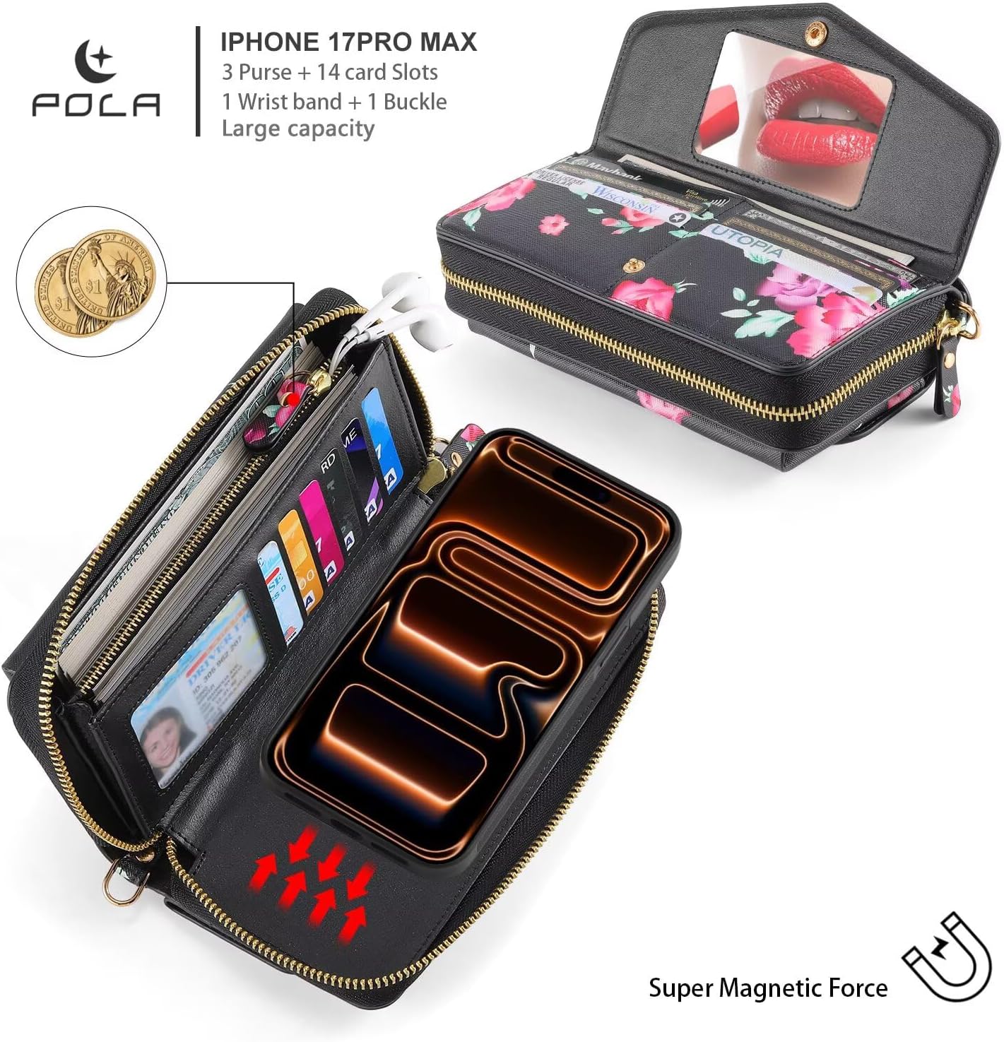 for iPhone 17 Pro Max Wallet Case, Magnetic Removable PU Leather Flip Phone Case with Card Holder, RFID Blocking Wristband, Mirrored Zipper Wallet for Women Black - Image 4