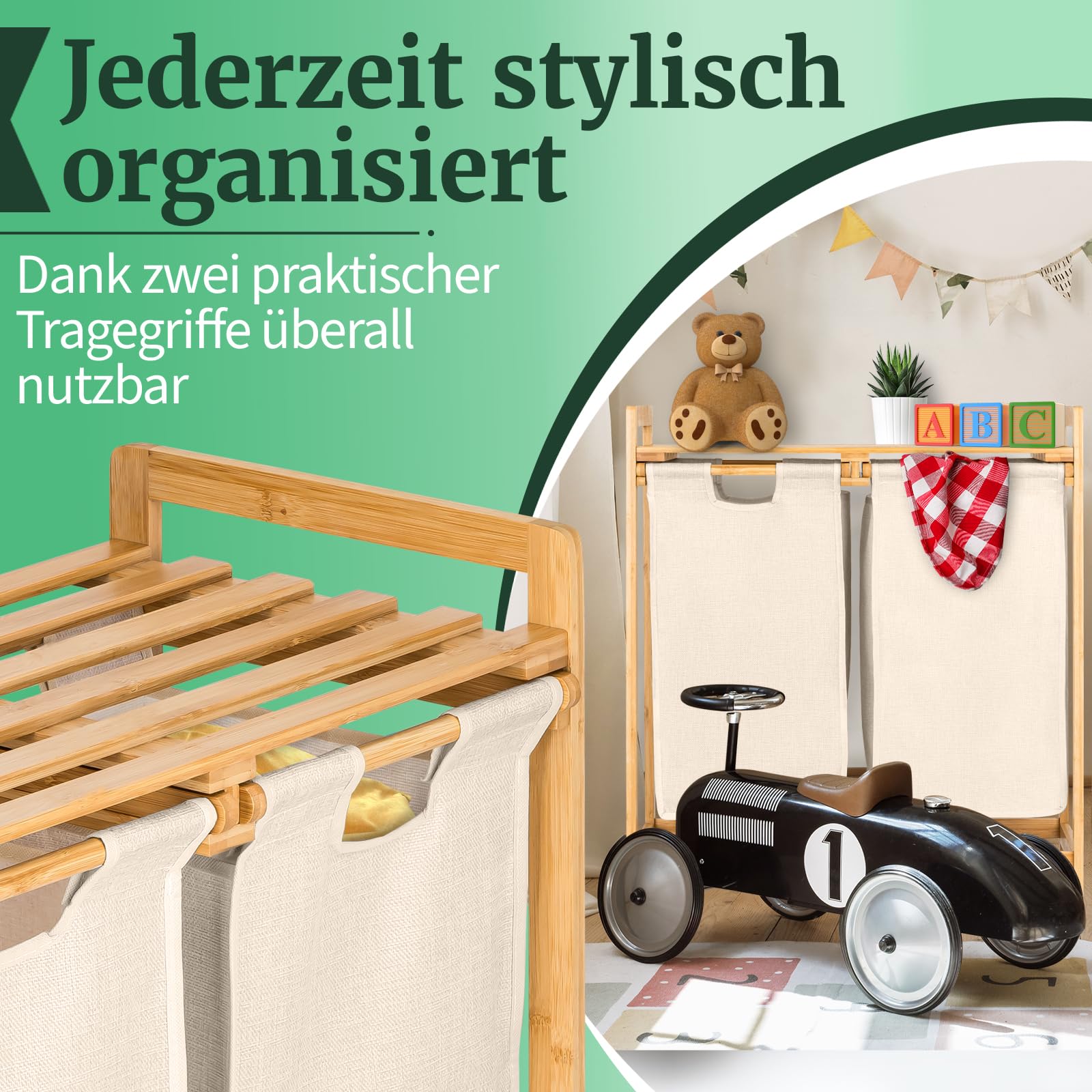 HEIMWERT Wäschekorb Holz Wäschesammler Bambus - Für ein schönes Zimmer und perfekte Ordnung - Aufbewahrungskorb Regal Korb laundry baskets ausziehbarer Wäschekorb mit Deckel und 2 Fächer (beige)