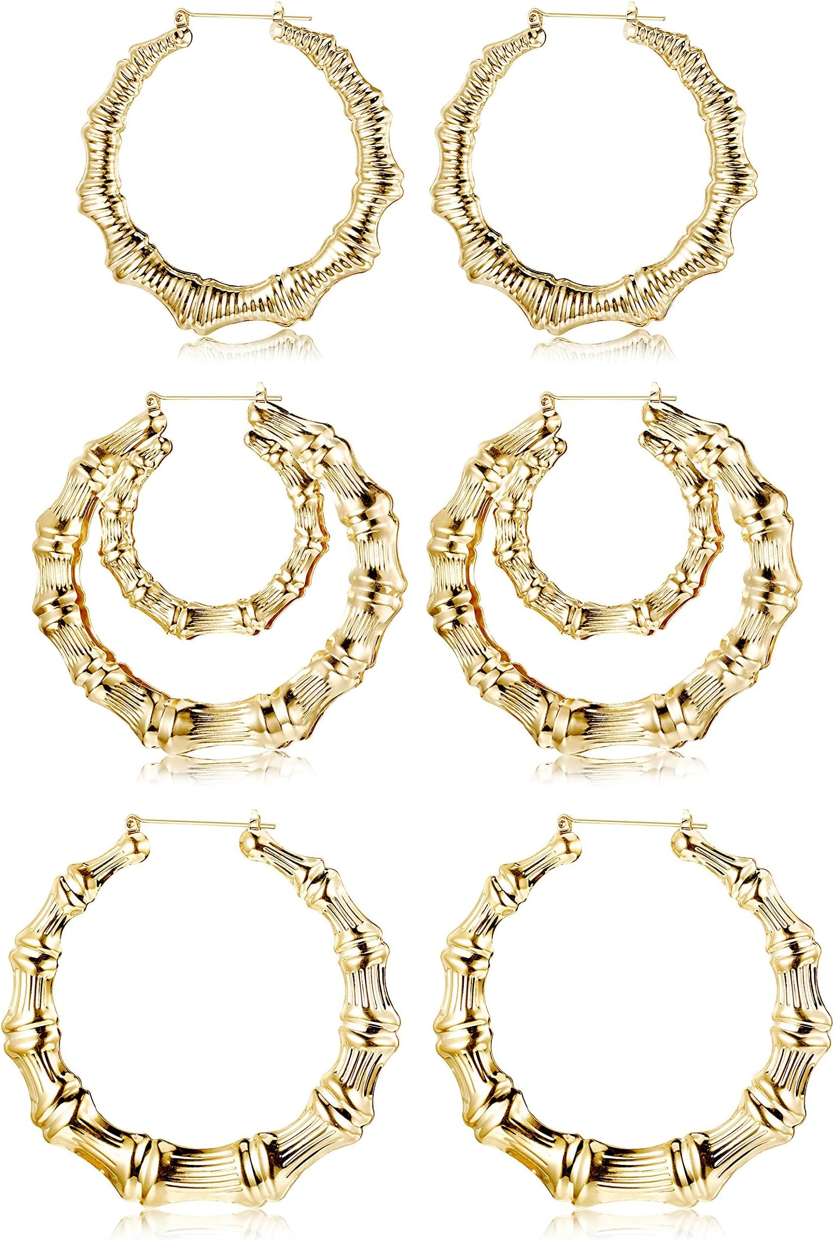 Hanpabum 3 Pairs Bamboo Earrings Large Hoop Earrings Set Gold Tone Round Statement Hip-Hop Earrings For Women (A)