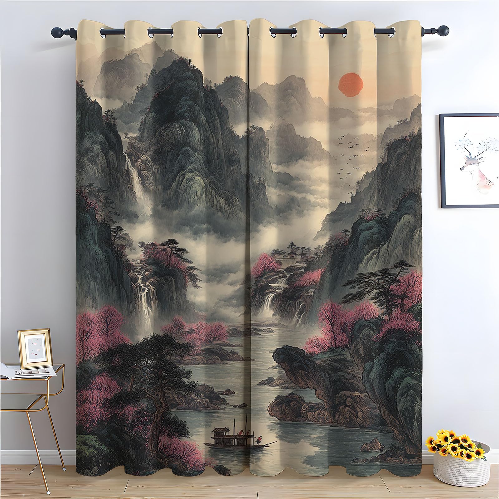 WQBQKKX Abstract Line Curtains Eyelet Soft Thermal Insulated Ink Painting Black out Curtains Watercolor Botanical Flower Print Pattern Window Drapes for Bedroom-52 W x 96" L (Pack of 2)