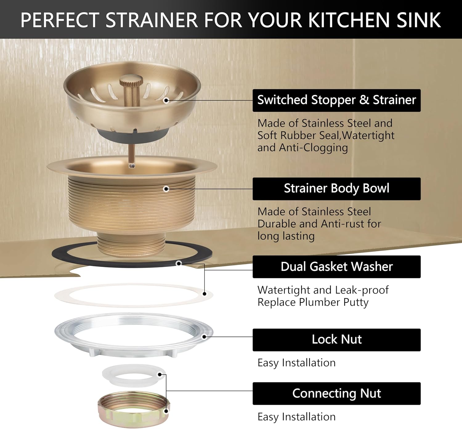 Champagne Bronze Kitchen Sink Drain - Fit 3.5 inch Standard Sink - Fit 1.5 inch Pipe - Champagne Gold Brushed 304 Stainless Steel Sink Strainer - Compatible with Delta Faucet Champagne Bronze